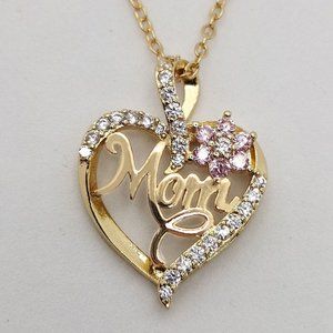 NEW Gold "Mom" Open Heart Flower Necklace 20" Rhinestones